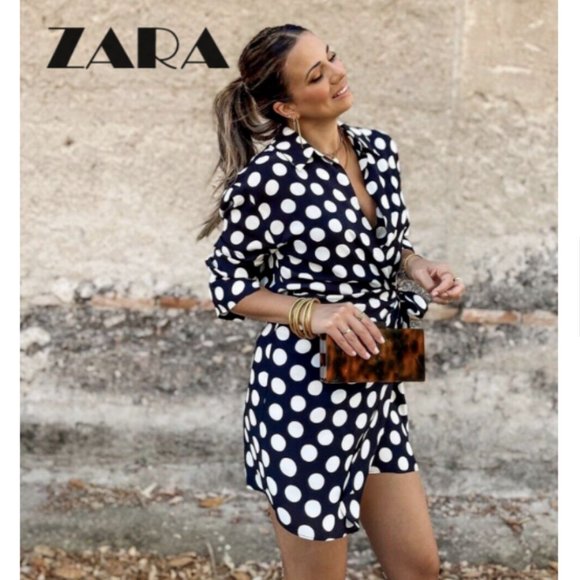 NWT Zara Black and White Dot Shirt Dress - Picture 2 of 7